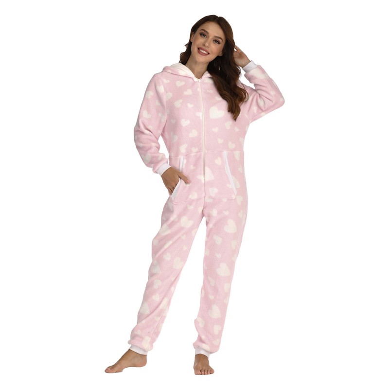 Women Onesie with Hood One-Piece Pajamas Pink Coral Fleece
