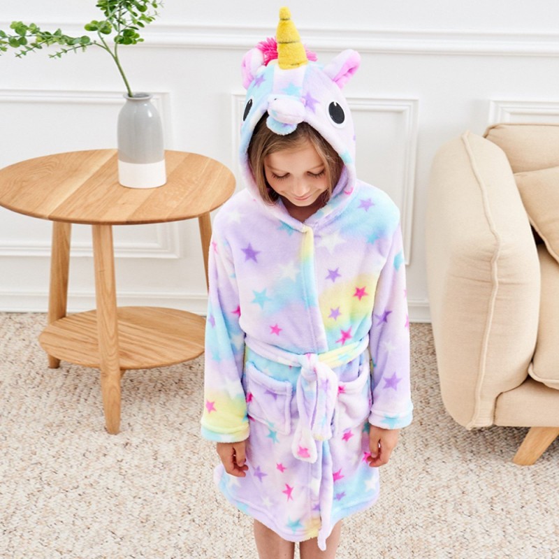 Kids Girls Unicorn Dressing Gown Soft Bathrobe Comfy Hooded Nightgown Sleepwear 