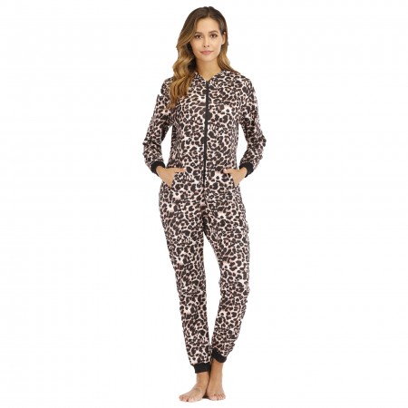 Adult Women Onesie One-Piece Pajamas with Hood Zip Up Leopard
