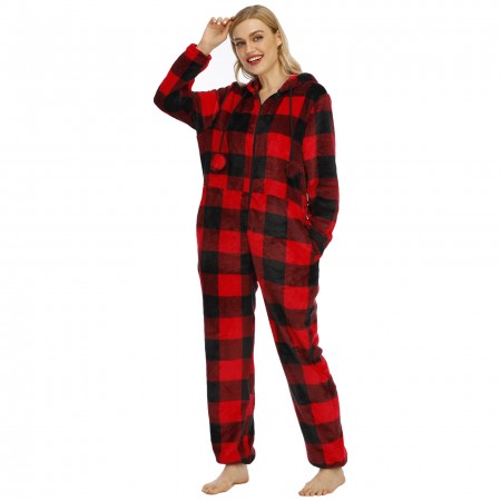 Women's Christmas Hooded Onesie One-Piece Pajamas with Poms Red Plaid