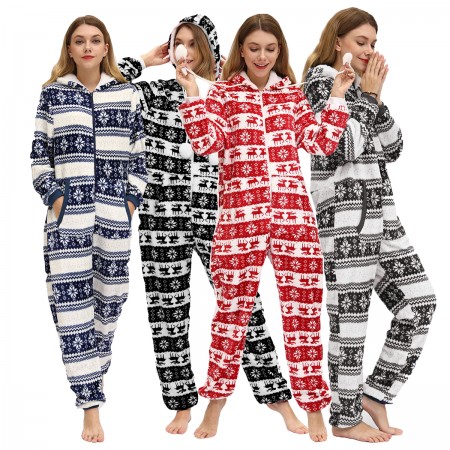 Women Onesie One-Piece Christmas Pajamas with Hood Zip Up