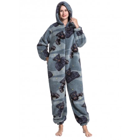 Women Soft Flannel Sleepwear Onesie Pajamas Warm Hooded Jumpsuit Zip Front