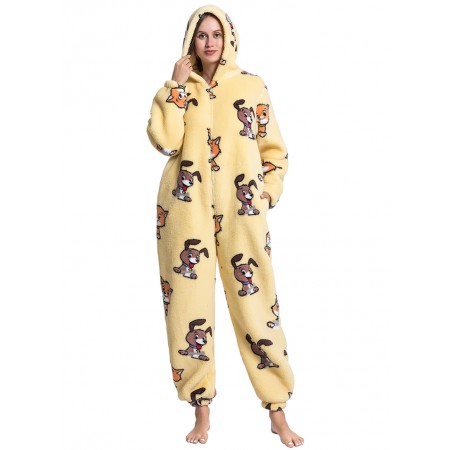 Women Soft Flannel Sleepwear Onesie Pajamas Warm Holiday Hooded Jumpsuit Zip Front Polar Puppy Print