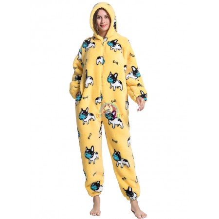 Womens Hooded Soft One Piece Pajamas Sleepwear Holiday Jumpsuit Zip Front Puppy Print