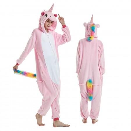 Pink Unicorn Onesie Rainbow Tail for Adult Kigurumi Animal Pajamas Funny Halloween Costumes