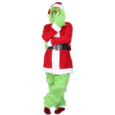 Christmas Grinch Costume Deluxe Furry Adult Santa Suit Green Monster Outfit Full Sets