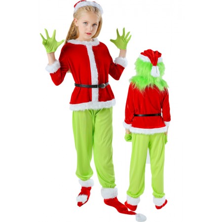 Christmas Grinch Costume for Kids Green Monster Outfit Full Sets