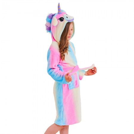 Unicorn Hooded Bathrobes For Girls - Best Gifts Soft Sleepwear Blue Rainbow
