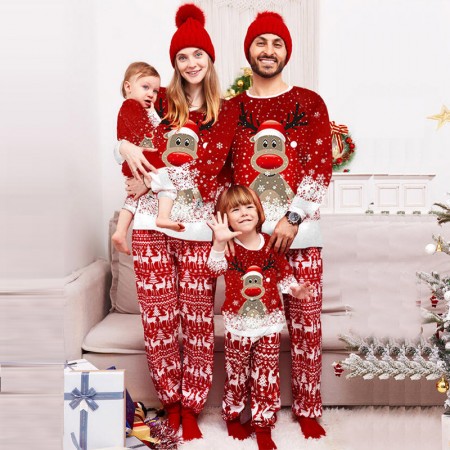 Christmas Pajamas Deer& Snowflake Printing Crewneck Sleepwear Set