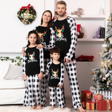 Family Christmas Pajamas 2022 Black White Plaid Deer Matching Holiday Pjs