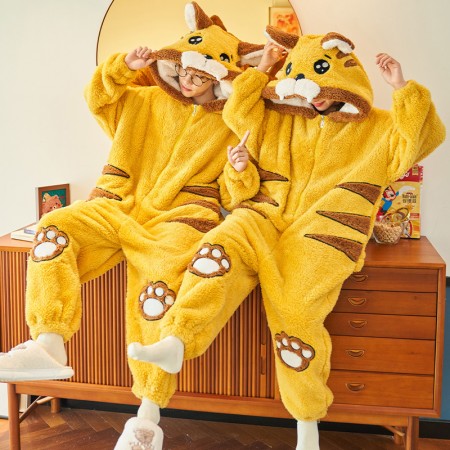 Cartoon Tiger One-piece Pajamas Couples Sleepwear Winter Thicken Nightwear