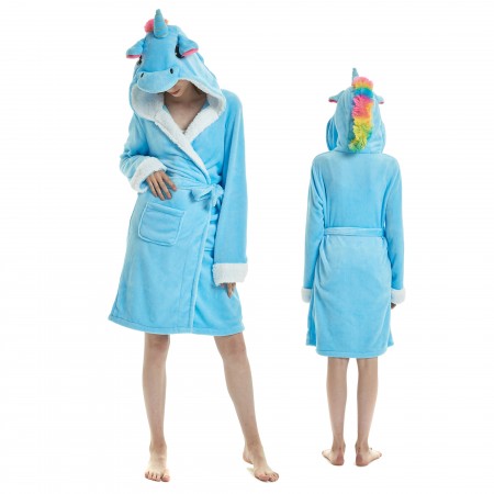 Blue Unicorn Bathrobe for Adult Kigurumi Animal Womens Hooded Robe Pajamas